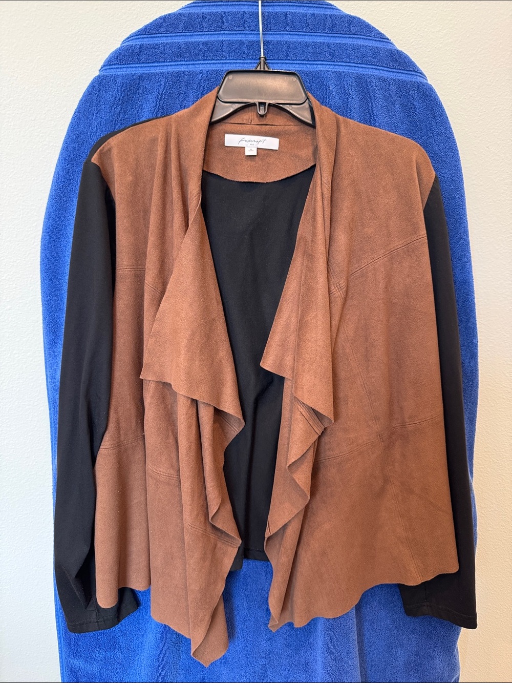 NYC Brown Suede-Front Draped Blazer with Black Knit Sleeves